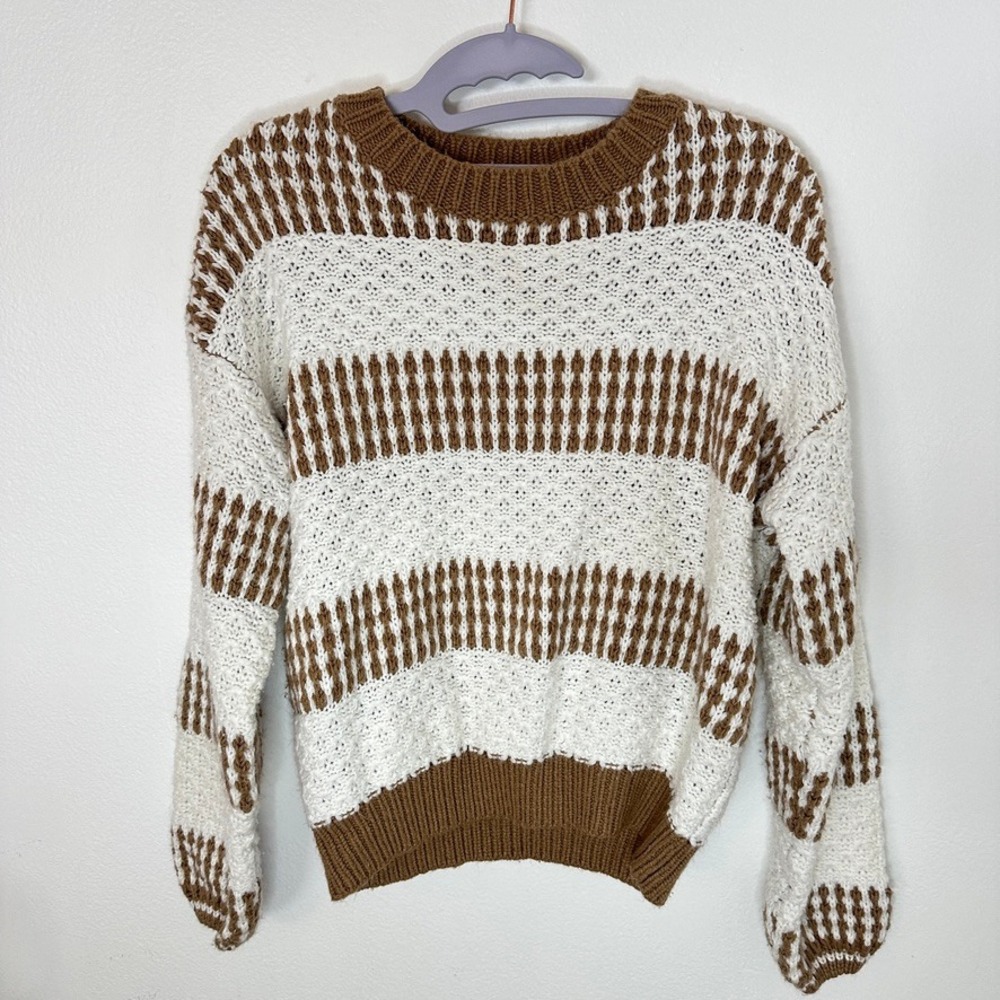 Womens Brown White Striped Textured Knit Crew Neck Sweater Size Small